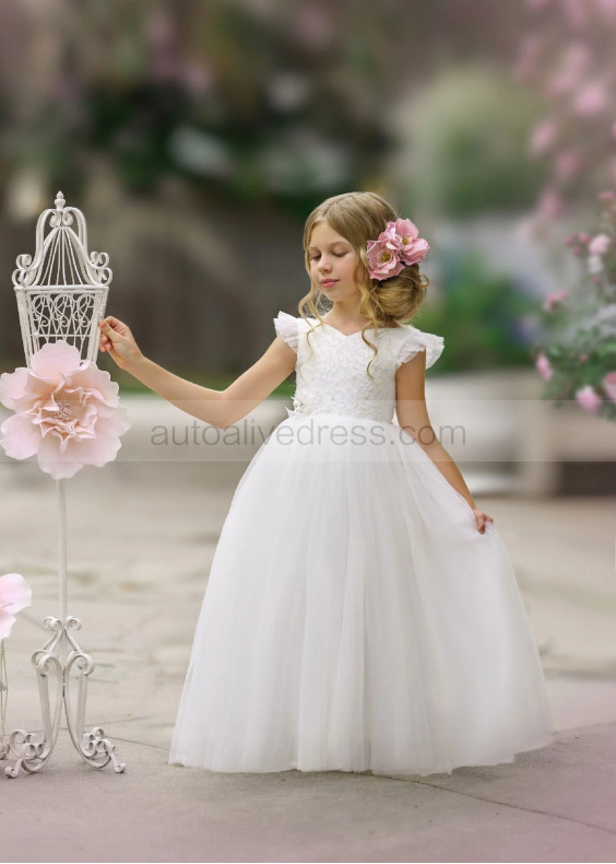 White Tulle Corset Back Floor Length Flower Girl Dress